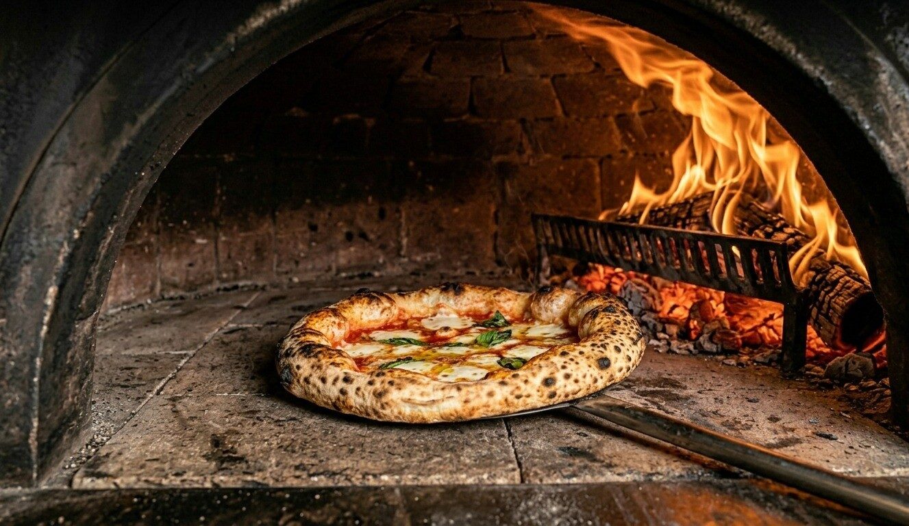 Una pizza nel forno a legna, davanti alle fiamme